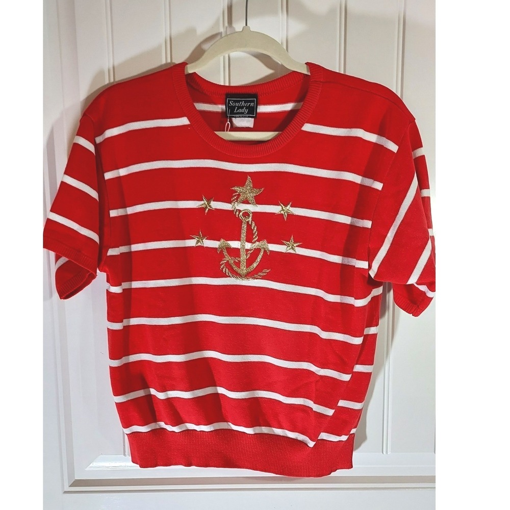 Southern Lady Knit Top Women Small Red Striped Anchor Gold Metallic Embroidery